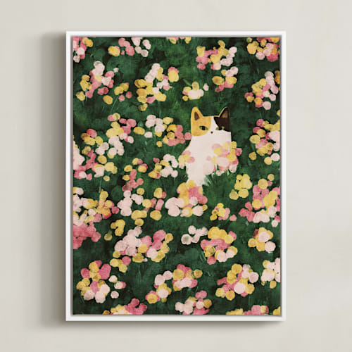 This is a daffodil yellow kids wall art by Sabrina Excene called flower meadow cat
