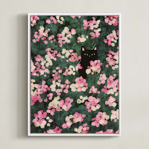 This is a rose pink kids wall art by Sabrina Excene called flower meadow cat