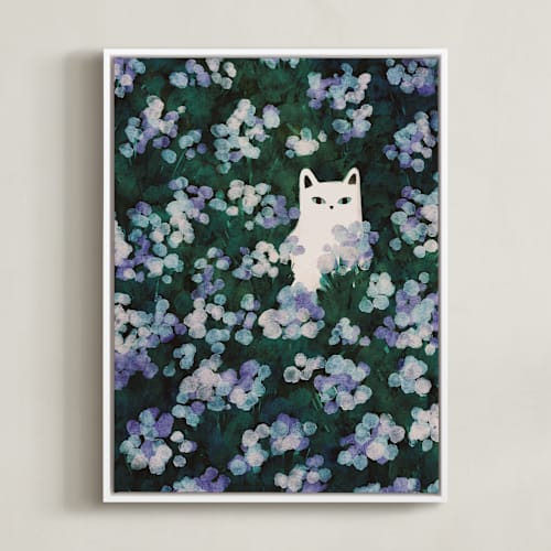 This is a aster blue kids wall art by Sabrina Excene called flower meadow cat