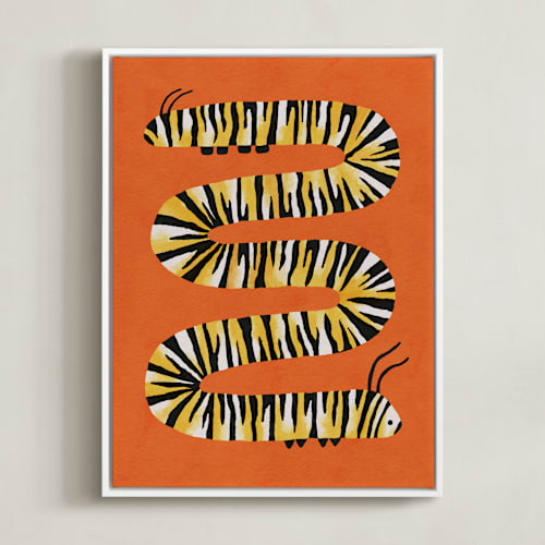 This is a orange poppy kids wall art by Sabrina Excene called squiggly caterpillar