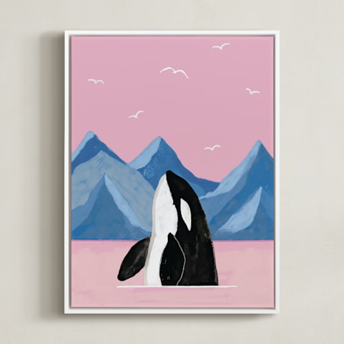 This is a bublegum kids wall art by Cass Loh called pink sea and orca