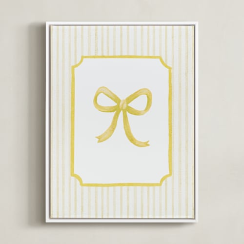 This is a yellow nursery wall art by Vivi Furlong called coquette blue bow