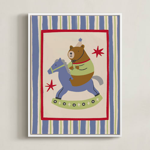 This is a dusty nursery wall art with standard by Kartika Paramita called the bear that riding the rocking horse