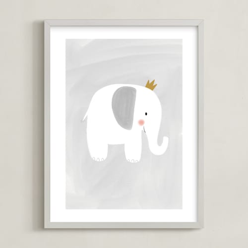 This is a soft grey nursery wall art by Patrice Horvath called dream big elephant and giraffe