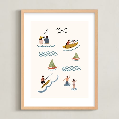 This is a light cream kids wall art by Lea Velasquez called fun at the lake