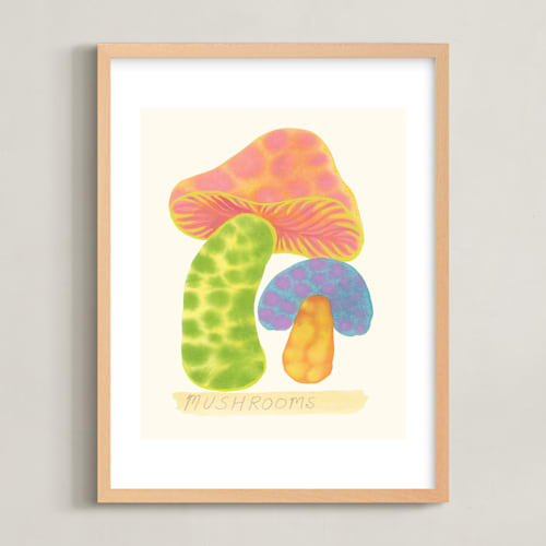 This is a multicolor kids wall art by Renée Stramel called mushrooms