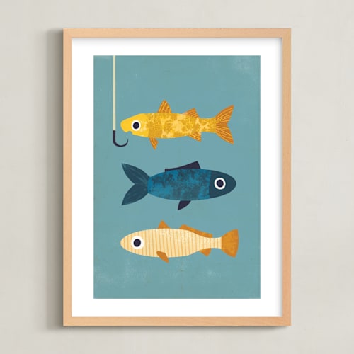 This is a marine blue kids wall art by Laura Mitchell called 1 fish, 2 fish, 3 fish