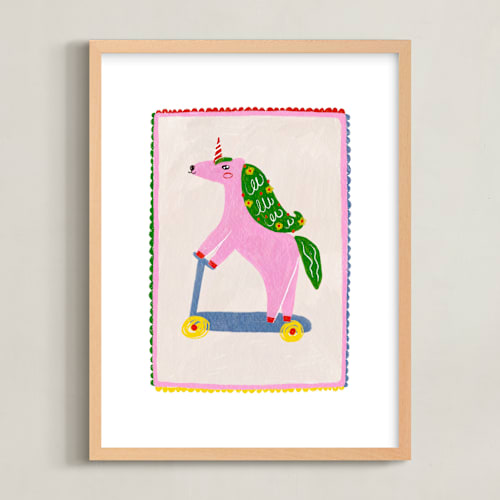 This is a cherry blossom kids wall art by Kartika Paramita called rollin unicorn