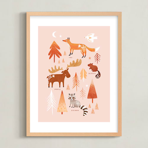 This is a blush kids wall art by Tati Abaurre called woodland animals