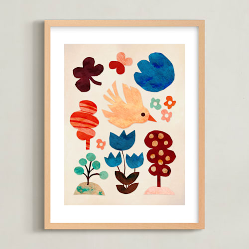 This is a off white kids wall art by Mojca Dolinar called bird and the forest