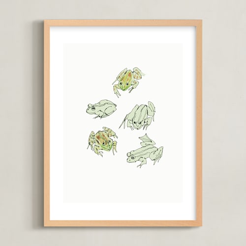This is a pastel green kids wall art by Catilustre called frog sketches