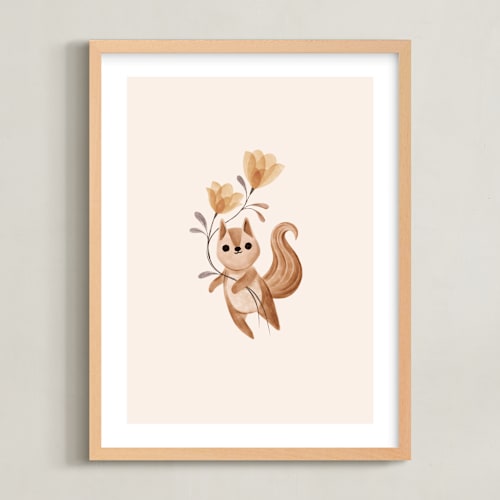 This is a tan nursery wall art by Vivian Yiwing called squirrel with flowers