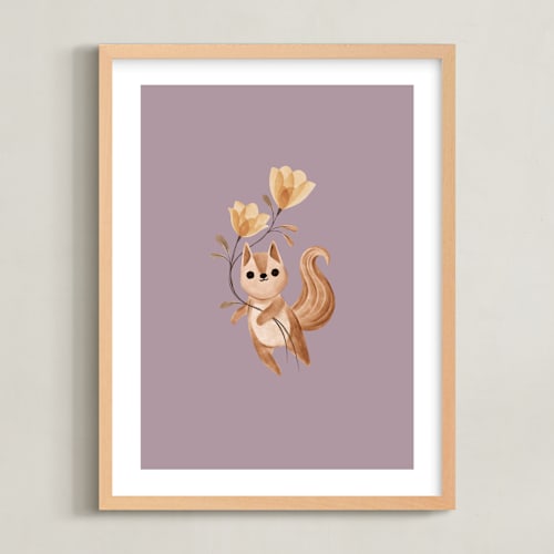 This is a plum nursery wall art by Vivian Yiwing called squirrel with flowers