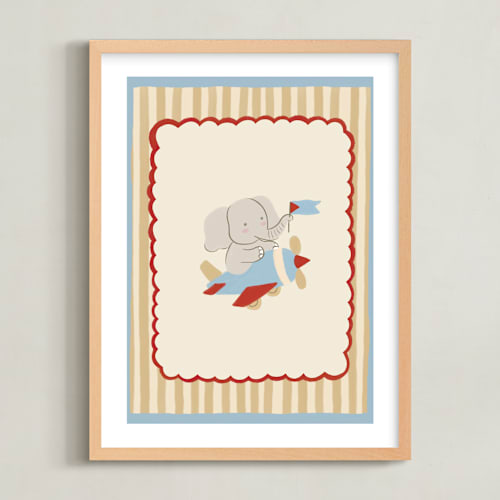 This is a multi colored nursery wall art with standard by Kartika Paramita called elephant on a plane