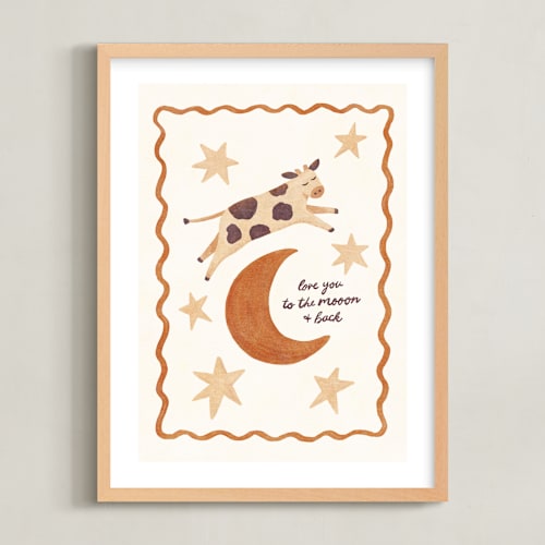 This is a golden brown nursery wall art with standard by Sabrina Excene called love you to the mooon and back