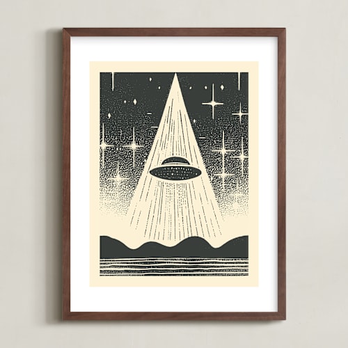 This is a galactic gray kids wall art by Roseanne Kenny called ufo encounters: nostalgic retro woodcut