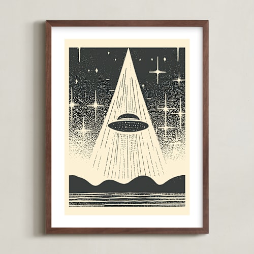 This is a galactic gray kids wall art with standard by Roseanne Kenny called ufo encounters: nostalgic retro woodcut
