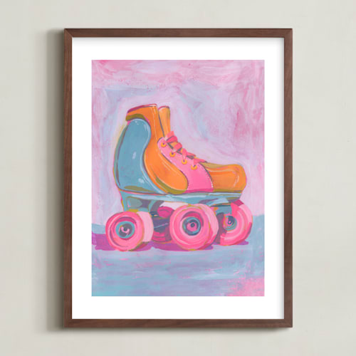 This is a bubblegum pink kids wall art by Lucrecia Caporale called roller skater joy