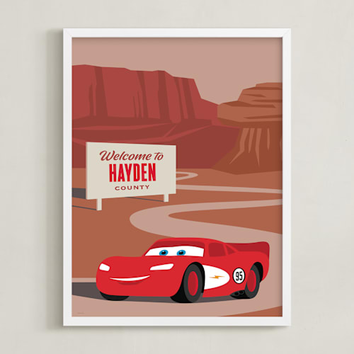This is a red rock disney art by Jill Means called lightning mcqueen route 66 from disney and pixar's cars