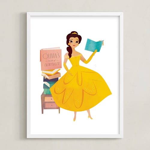 This is a golden yellow disney art by Lori Wemple called storytime with belle from disney's beauty and the beast