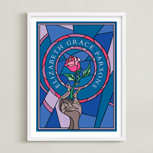 This is a blue disney art by Katharine Watson called disney's beauty and the beast stained glass