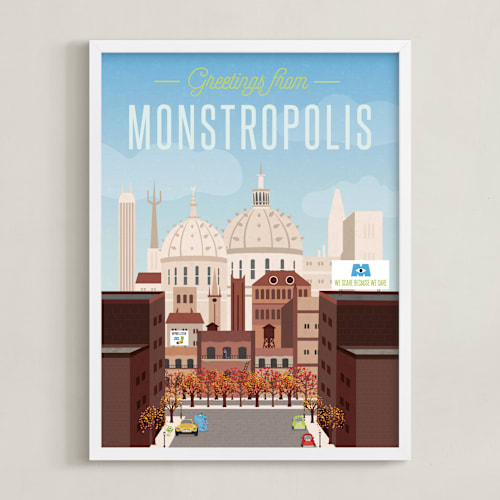 This is a sky blue disney art by Erica Krystek called greetings from monstropolis
