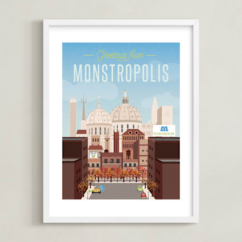 This is a sky blue disney art by Erica Krystek called greetings from monstropolis