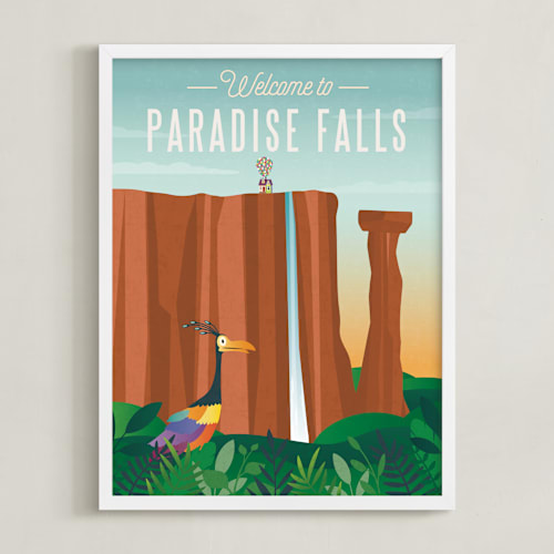 This is a waterfall disney art by Erica Krystek called welcome to paradise falls from disney and pixar's up
