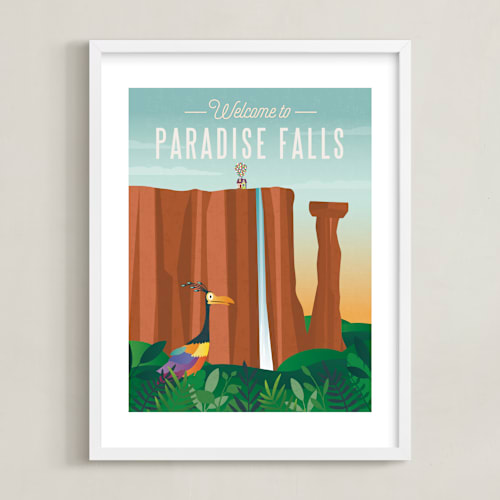 This is a waterfall disney art by Erica Krystek called welcome to paradise falls from disney and pixar's up