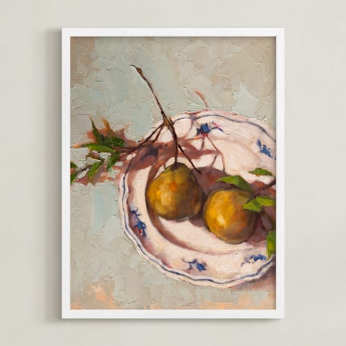 This is a mustard olive art with standard by Wendy Keller called pears on a plate