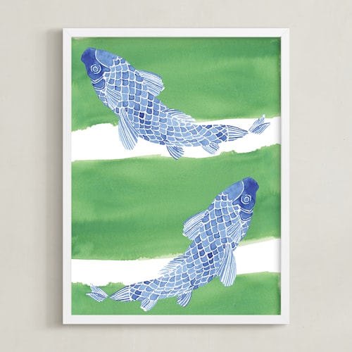 This is a green grass  art with standard by Emily Bremner Forbes called swimming carp