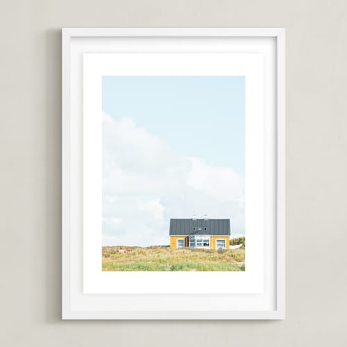 This is a pastel blue art by Alexandra Feo called yellow house at the hill