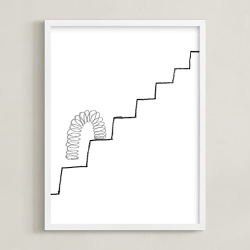 This is a grayscale art by Elliot Stokes called slinky on the stairs
