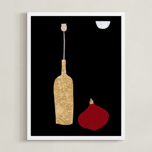 This is a red onion art by Sonya Percival called flower, onion, and a wine bottle
