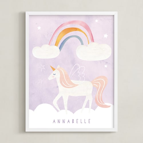 This is a lavender personalized art for kids by Teju Reval called dreamy unicorn