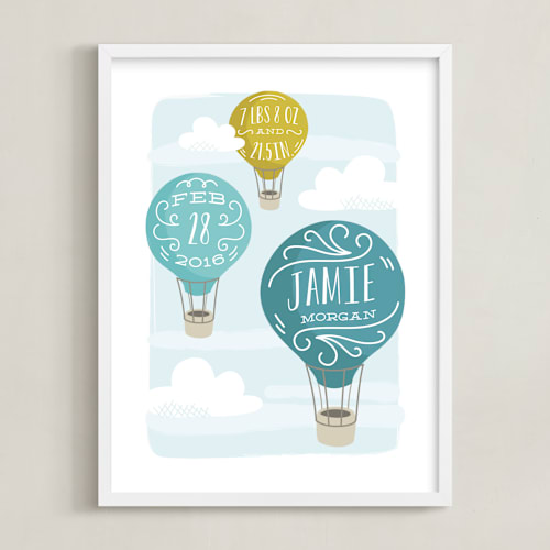 This is a teal personalized art for kids by Laura Hankins called up and away