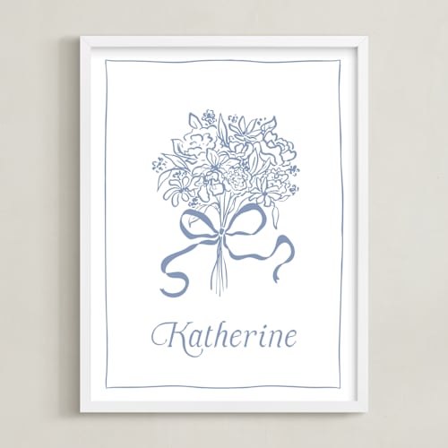 This is a powder blue personalized art for kids with standard by Becky Nimoy called bow on bouquet