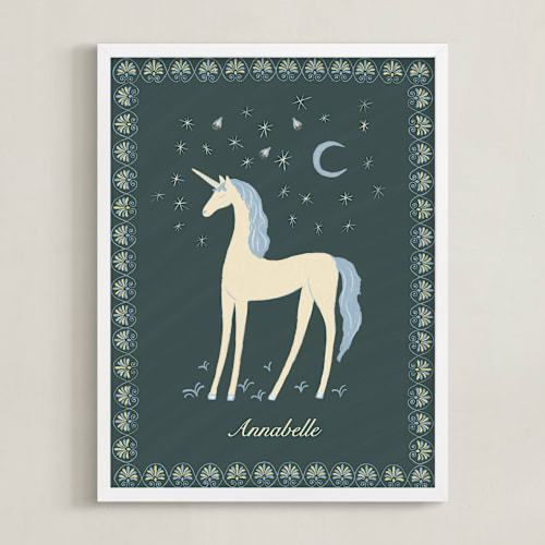 This is a forest green personalized art for kids with standard by Florina Georgescu Georgescu called midnight unicorn firefly dream