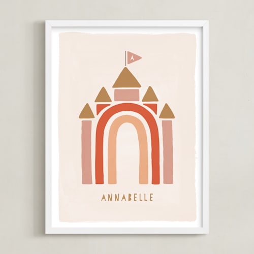 This is a pink personalized art for kids by JeAnna Casper called rainbow castle