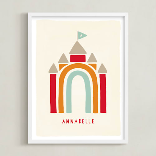 This is a red personalized art for kids by JeAnna Casper called rainbow castle