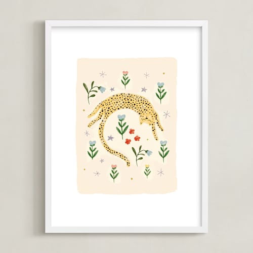 This is a peach kids wall art by Hannah Williams called tumbling cheetah