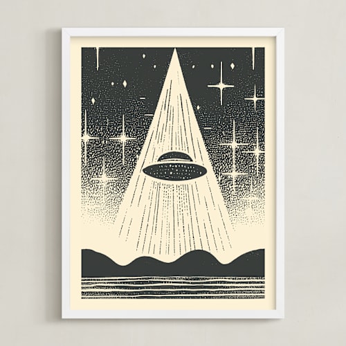 This is a galactic gray kids wall art with standard by Roseanne Kenny called ufo encounters: nostalgic retro woodcut