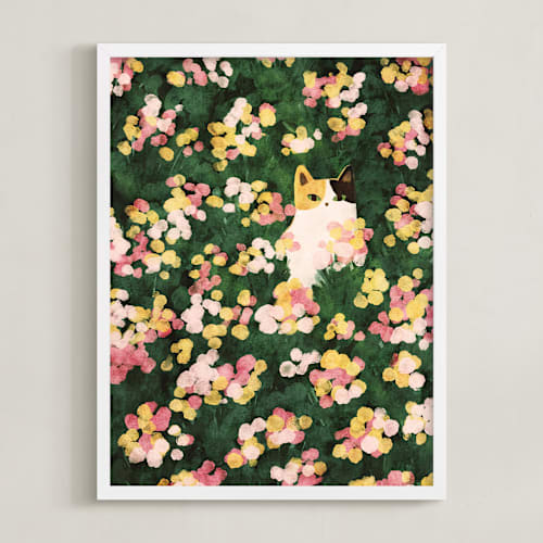 This is a daffodil yellow kids wall art with standard by Sabrina Excene called flower meadow cat