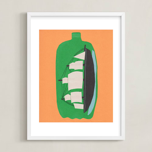 This is a sweet orange kids wall art by Elliot Stokes called two liter ship