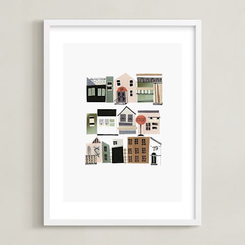 This is a olive beige kids wall art by Jenna Skead called townhouse