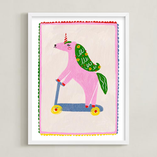 This is a cherry blossom kids wall art by Kartika Paramita called rollin unicorn