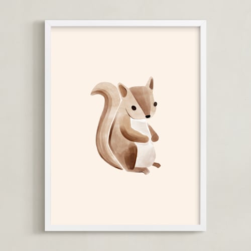 This is a beige kids wall art by Vivian Yiwing called baby squirrel