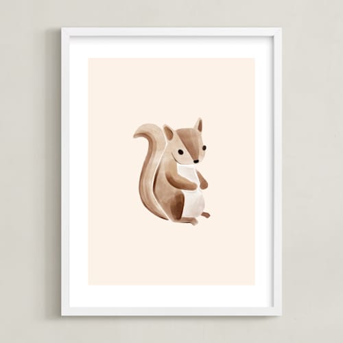 This is a beige kids wall art by Vivian Yiwing called baby squirrel