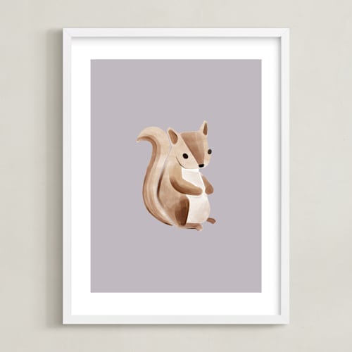 This is a purple kids wall art by Vivian Yiwing called baby squirrel