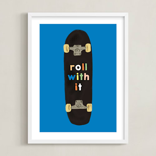 This is a blue kids wall art by Baumbirdy called roll with it